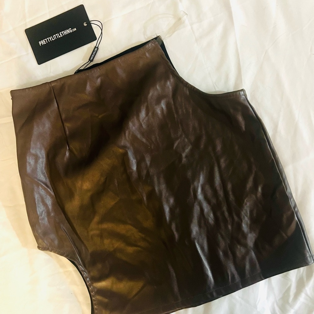 Cut-out Brown Faux Leather Mini Skirt - Picture 4 of 7